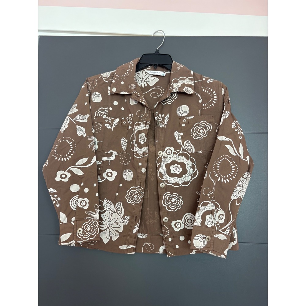 Fresh Produce Womens Brown White Floral Cotton Canvas Button Up Jacket Small